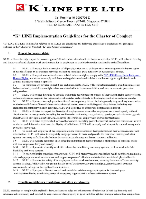 “K” LINE PTE LTD Charter of Conduct 2025